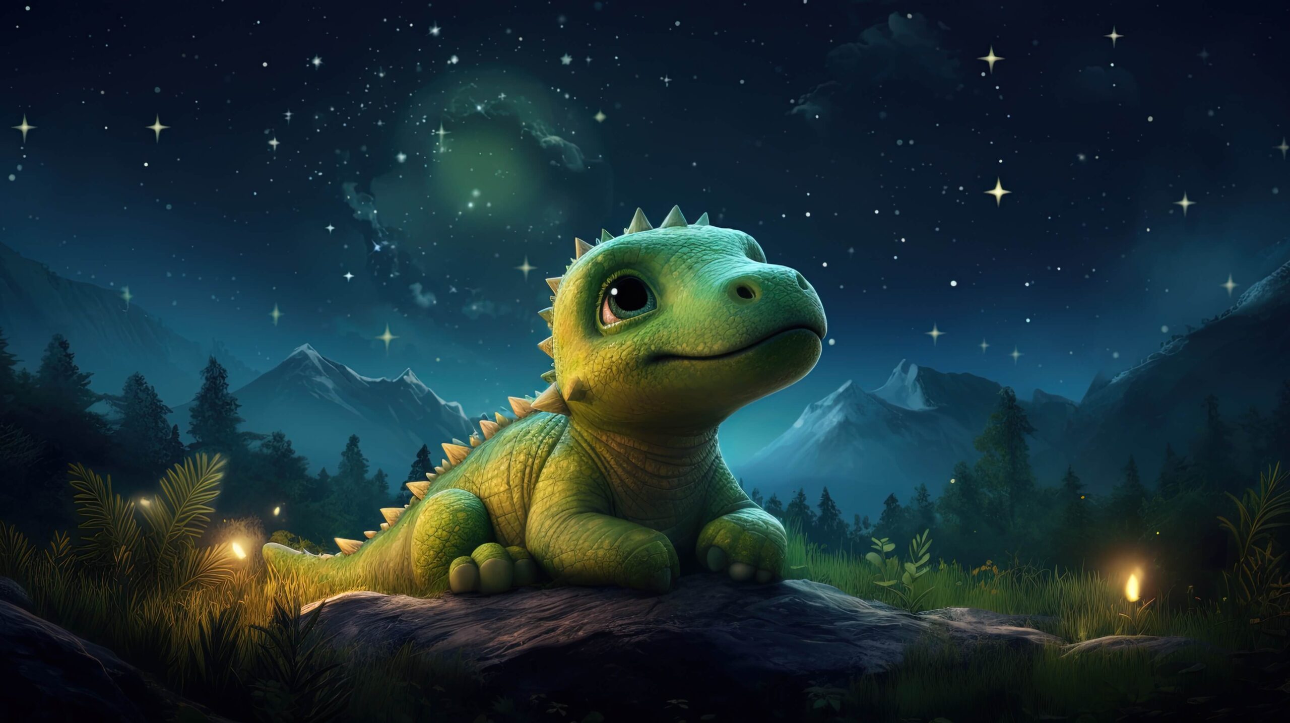 wallpaper of a cute green dinosaur looking at the night sky